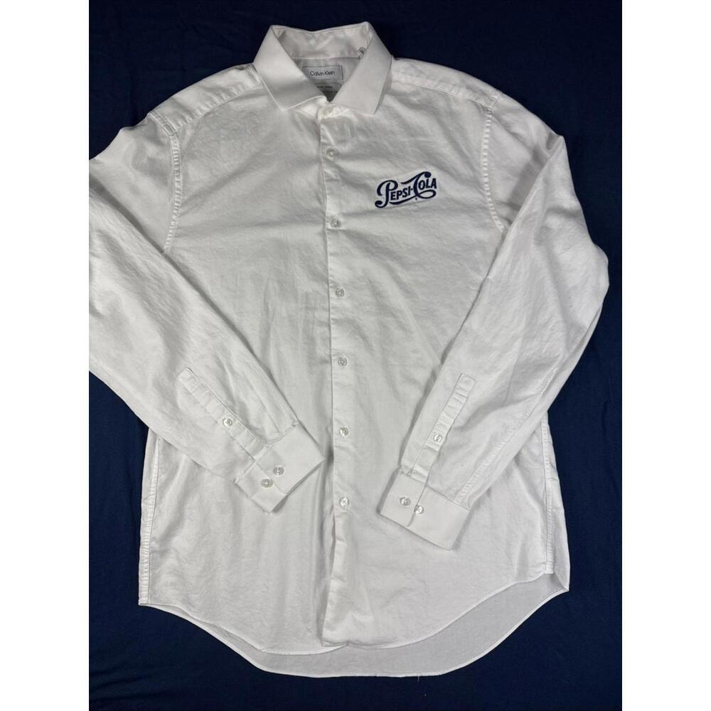 Pepsi Cola Script Calvin Klein Men's Slim Fit Stretch White Dress Shirt 16 34/35